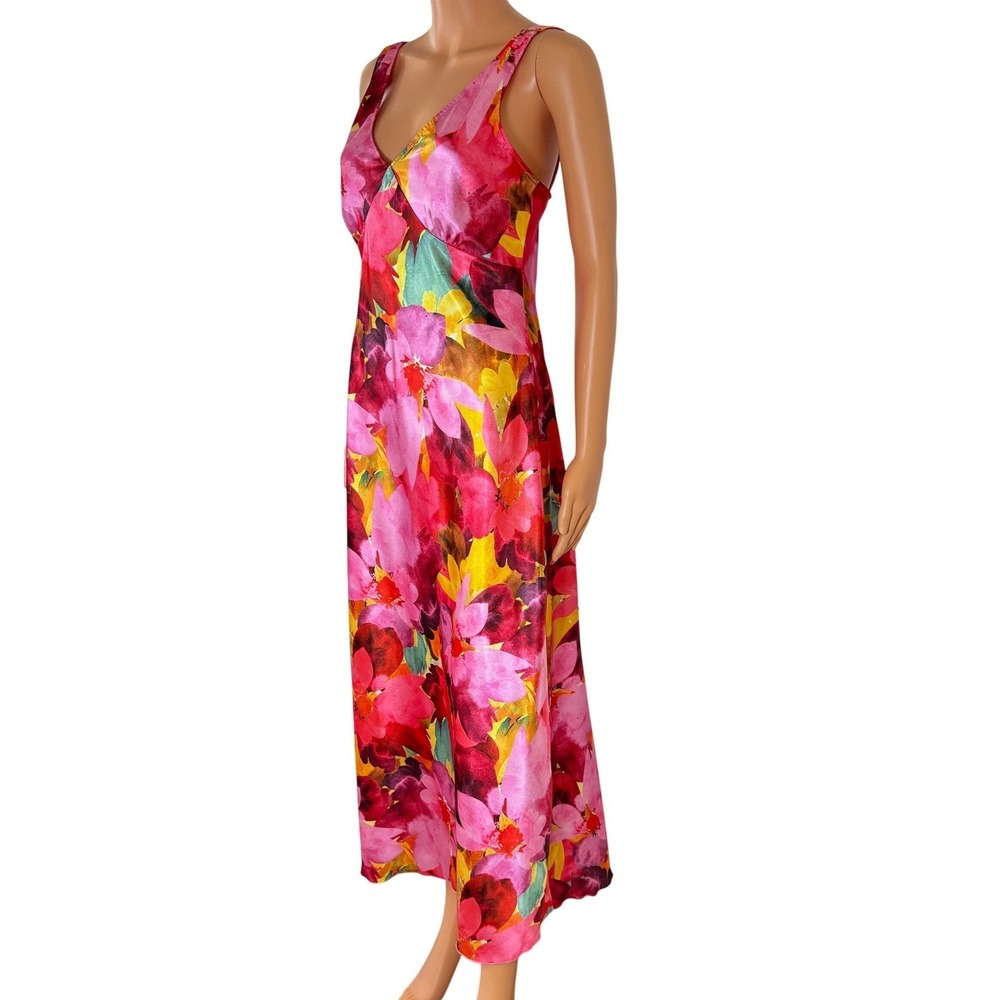 Bebe Pink Floral Watercolor Satin Maxi Dress Sleeveless V-Neck 703763P Size S - Picture 4 of 13